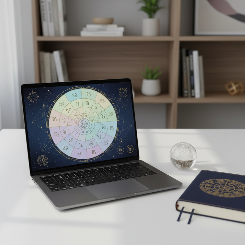 A sleek, matte-black laptop open on a clean white desk, its screen displaying a detailed astrological birth chart composed of colorful geometric houses and precise planetary symbols. Beside the laptop lies a navy-blue leather-bound astrology journal with a gold-foil zodiac wheel on the cover, and a polished crystal sphere reflecting faint rainbow highlights. Soft, indirect daylight filters through an unseen window, creating gentle reflections on the laptop keys and light shadows along the desk edge. Photographic realism with a centered, eye-level composition and a softly blurred background of neutral-toned office shelves. The atmosphere is focused and professional, suited to daily astrological insights and spiritual analysis.