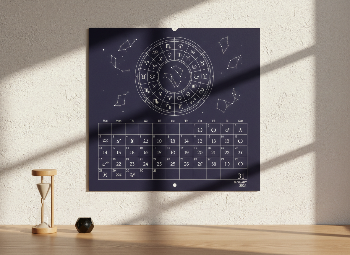 A large, matte indigo wall calendar featuring an elegant zodiac-themed design, with each day marked by tiny, precise planetary glyphs and moon phases in crisp white ink. The calendar hangs above a light oak desk holding a single minimalist sand timer and a small, geometric obsidian paperweight. Late-afternoon natural light washes in from the right, casting elongated, soft-edged shadows across the desk and making the white ink glow subtly against the dark background. Photographic realism, eye-level composition with the calendar occupying the upper third and desk in the lower frame. The mood is organized, calm, and gently mystical, perfect for daily transits and horoscope scheduling content.