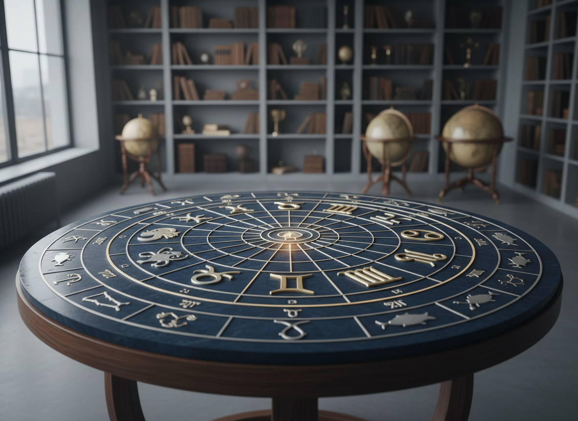 A circular zodiac wheel engraved into a dark midnight-blue stone tabletop, each sign represented by intricate metallic symbols in silver and soft gold. Fine astro-technical lines radiate from the center toward meticulously etched constellations around the edge. The table rests in a minimalist, modern studio setting with a blurred background of tall bookshelves filled with neatly arranged astrology texts and celestial globes. Cool, diffused window light from the left creates subtle highlights on the metallic engravings and gentle shadows in the carved grooves. Photographic realism, shot from a slightly elevated angle with a shallow depth of field, evoking a professional, contemplative mood ideal for a serious astrology blog homepage.