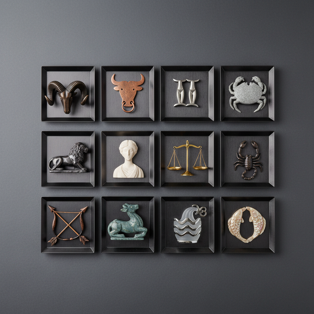A meticulously arranged flat lay of twelve small, individual trays, each containing an object symbolizing a zodiac sign: a sculpted ram horn, a pair of delicately balanced brass scales, a finely detailed lion figurine, and other iconic symbols, all crafted from brushed metal or polished stone. The trays rest on a smooth charcoal-gray surface with subtle texture. Overhead softbox-style lighting provides even illumination with gentle, natural shadows around each item. Photographic realism, captured from a true bird’s eye view with careful spacing and symmetry, creating a clean, modern, professional aesthetic that suggests a comprehensive zodiac guide or overview.