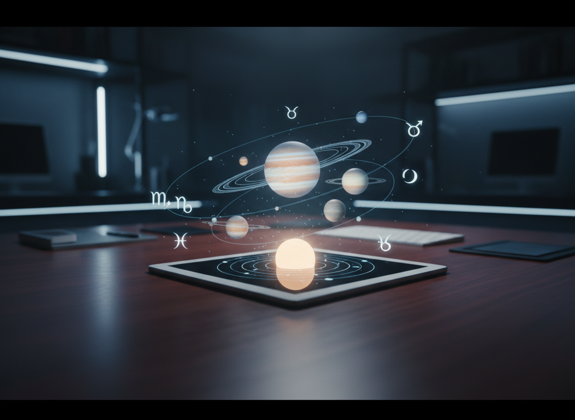A glowing, three-dimensional digital rendering of the solar system projected above a slim, white tablet resting on a dark wood surface, each planet labeled with refined astrological symbols hovering beside them. The planets are subtly luminous, with Saturn’s rings delicately defined and Jupiter’s bands clearly visible, all encircled by faint orbital paths. The surrounding environment is a dim, modern workspace, with only cool-toned ambient light and the gentle blue-white glow from the holographic projection illuminating the scene. Photographic realism with a cinematic, slightly low-angle perspective and moderate depth of field, emphasizing the projected system. The atmosphere is futuristic, analytical, and spiritual, ideal for explaining planetary transits and cosmic cycles.